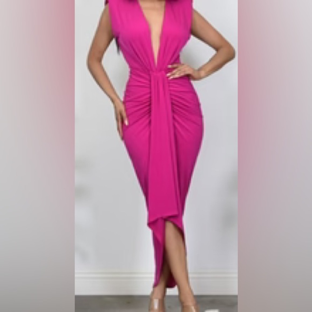 Women's Fuchsia Ruched Plunge Midi Dress